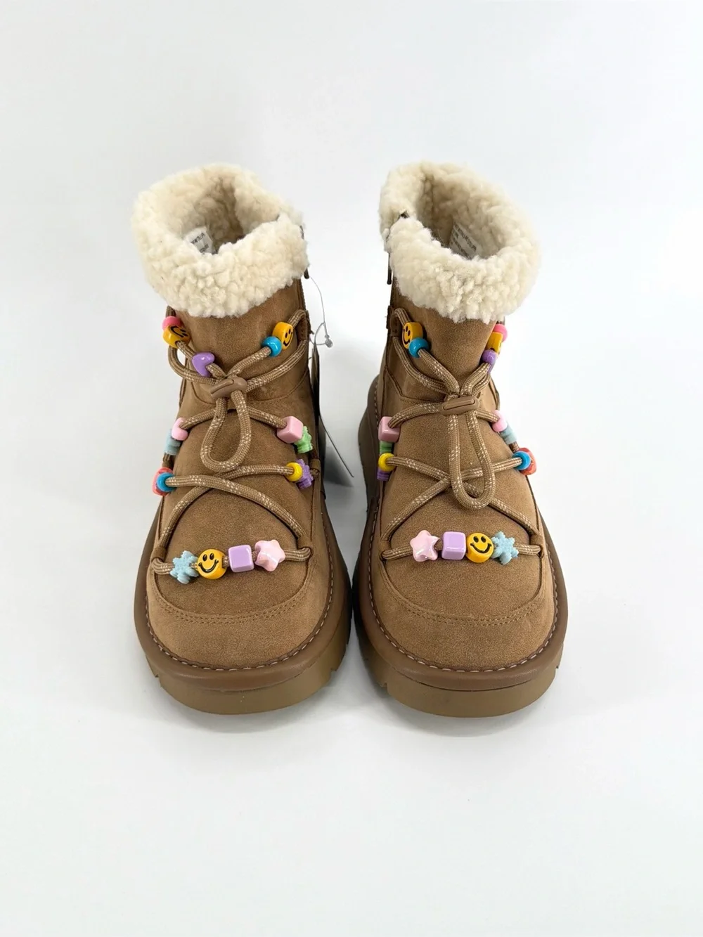 Girls Art Class Brown Faux-Sherpa Winter Boots with Colorful Bead Accents